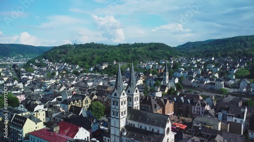 circling aerial view of the church in Boppard along the Rhine Valley