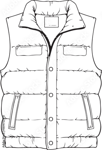 Puffer vest Hand-drawn Sketch Drawing Vector Illustration, Line Linear Symbol Engraving for Coloring Book, Black and White, Isolated