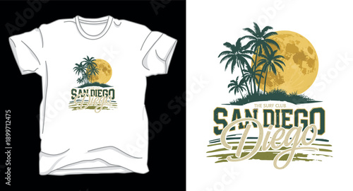 San diego t-shirt design with palm trees and sunset beach scene for print illustration