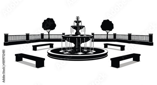 A detailed black silhouette of a tiered fountain with surrounding benches and landscaping on transparent background high quality professional modern elegant