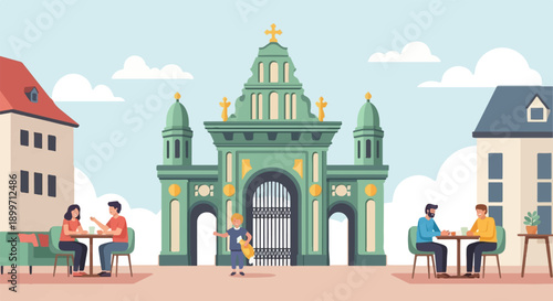 A sunny day at a European city square with people enjoying coffee