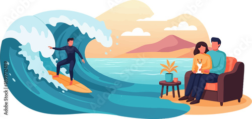 A surfer rides a large wave while a couple relaxes on the beach with their dog