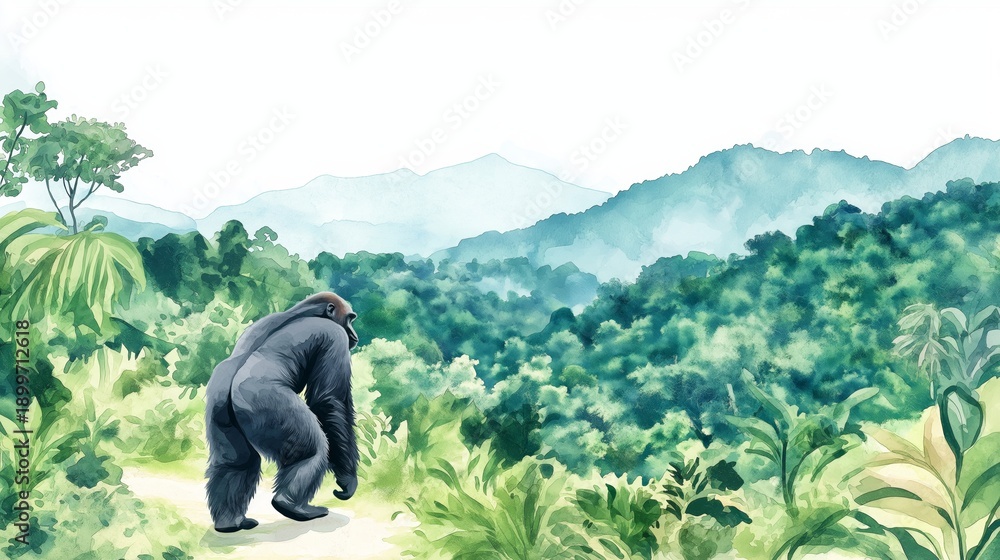 Fototapeta premium Bwindi Impenetrable Forest - Gorilla Trekking. Bwindi Impenetrable Forest - Gorilla Trekking hand drawn watercolor illustration on white background