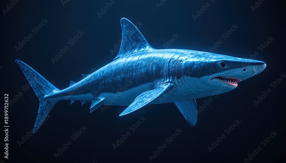 Obraz premium Blue Shark Majestic Predator of the Deep Ocean Illustration Swimming in the Dark Ocean Waters