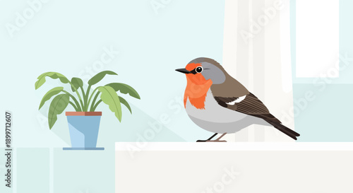 A small bird with an orange breast sits by a potted plant indoors