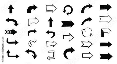 A collection of various black arrow and rotation symbols arranged in a grid on transparent background silhouette high quality professional detailed