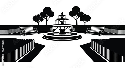 A black and white park landscape with a central fountain trees benches and pathways on transparent background silhouette high quality professional