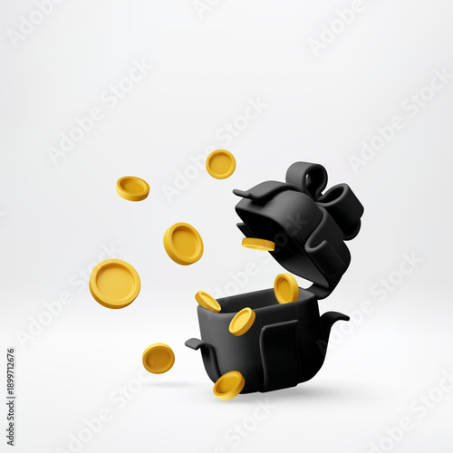 3D Black open gift box with golden coins flying out, concept of a bonus, reward, present, cashback or money gift for a holiday. Vector illustration