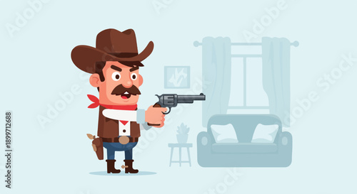 Cartoon cowboy with a gun stands in a room