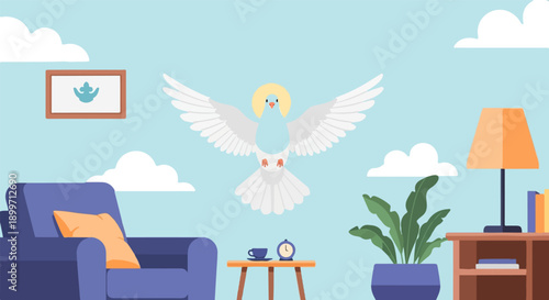 A dove with halo hovers over a cozy living room with a chair, lamp, and plant