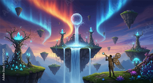 A surreal landscape with floating islands, glowing crystals, and an aurora