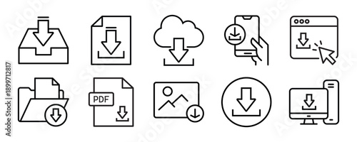 Download set of web icons in line style. Upload and Download linear icon collection. Containing arrow, link, folder, download file, cloud storage, web button. Editable stroke