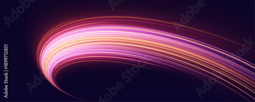 Electric pink neon streaks race along the highway, creating vivid motion trails and glowing effects. Light curves enhance futuristic energy and speed. Perfect for digital or sci-fi layouts