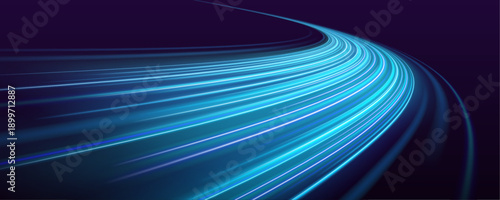 Light blue futuristic speed lane with sparkling neon trails, flowing particle streaks and vibrant digital energy effect vector
