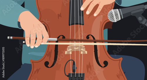 A close-up of hands playing a cello, with a microphone nearby