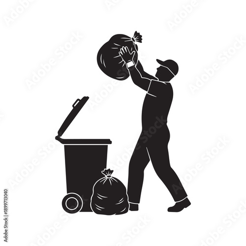Garbage collector silhouette carrying trash bag to disposal bin vector icon
