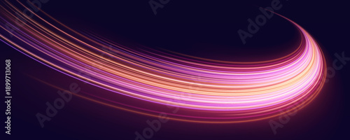 Vibrant pink streaks flow along the night road with glowing trails and motion blur. Curved neon lines convey acceleration and dynamic energy. Ideal for racing or tech visuals
