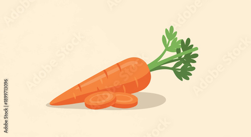 A whole and sliced orange root vegetable with green leafy tops