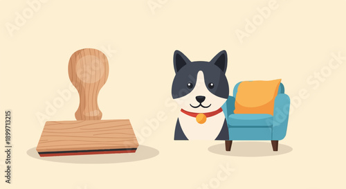 Cartoon dog with collar sits by blue armchair; wooden stamp beside it