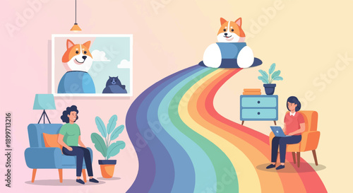 Cartoon dogs on rainbow bridge connect two women in modern home