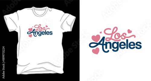 Creative los angeles script lettering with decorative hearts for trendy t-shirt and lifestyle apparel design illustration