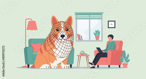 A dog wearing a net sits in a room with a person on a laptop