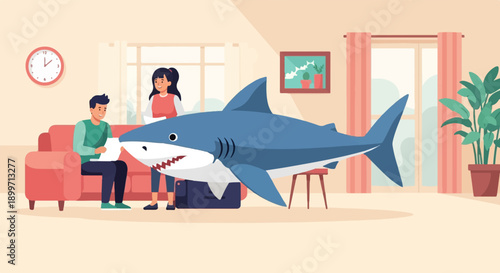 A surreal scene shows a large shark interacting with people in a living room