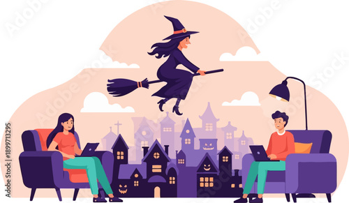 A witch flies over a town while people work on laptops at home