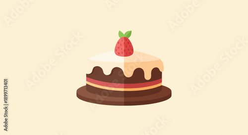 A sweet chocolate cake with white frosting, a strawberry topping