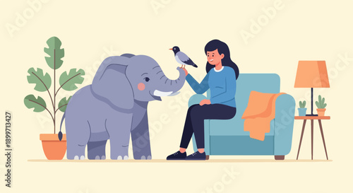 A girl sits in a chair with a bird on her hand, an elephant stands nearby
