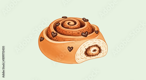 A sweet cinnamon roll with chocolate hearts on a light green background