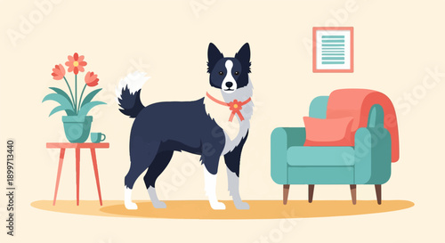 A dog stands next to a chair and plant in a room