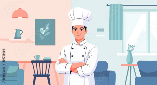 A smiling chef in uniform stands with arms crossed in a modern room