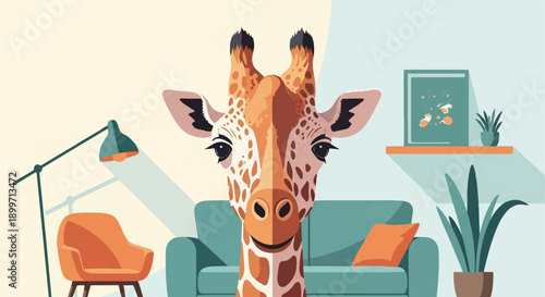 Cartoon giraffe's head appears in a modern living room setting
