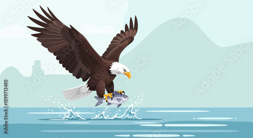 Bird of prey in flight clutches a fish above water with misty mountains