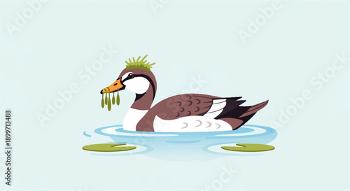 Cartoon goose with vegetation crown and beak, floating on water with lily pads
