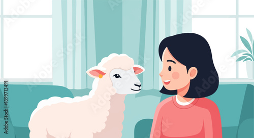 A smiling child and a fluffy sheep share a tender moment indoors