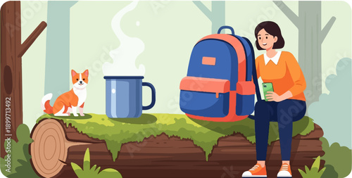 A woman and dog enjoy a warm drink and rest in nature