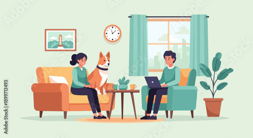 A woman, a dog, and a man with a laptop relax in a living room