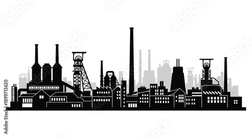 A striking black silhouette of an industrial cityscape with factory buildings and smokestacks on transparent background high quality professional detailed modern