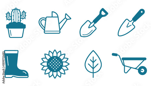 Gardening Tools and Plants Icon Set Vector Illustration