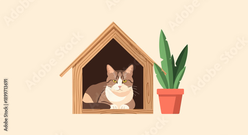 A tabby cat rests comfortably inside a rustic wooden cat house next to a potted plant