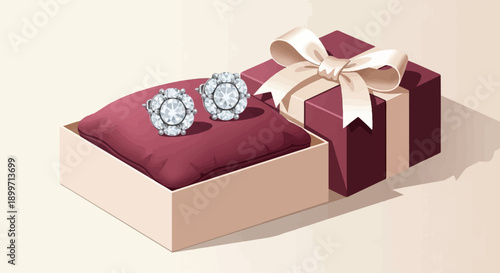 A gift box with a ribbon holds a pair of sparkling diamond stud earrings