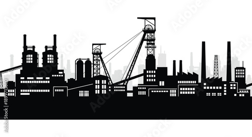 A striking black silhouette of an industrial cityscape featuring factories cranes and smokestacks on transparent background high quality professional detailed modern