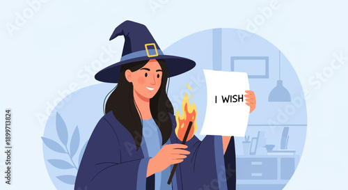 A smiling witch with a wand creates a fire effect, holding a paper with "I WISH