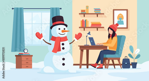 A snowman stands by a window as a person works indoors on a laptop