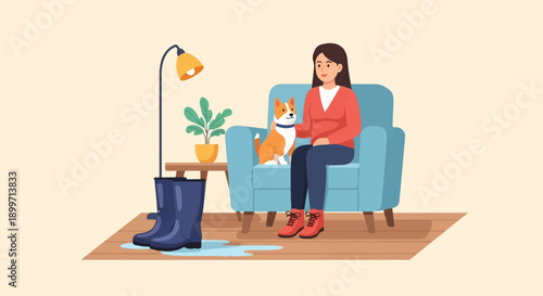 A woman and her dog relax indoors with rain boots nearby