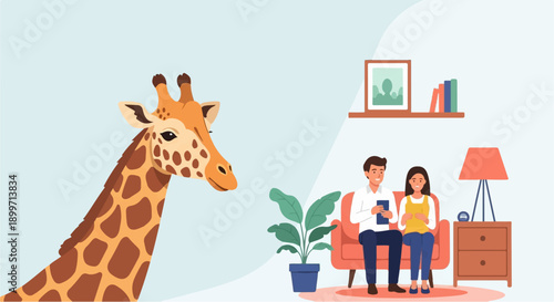 A gentle giraffe peers into a cozy living room where a couple relaxes