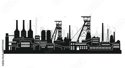 A striking black silhouette of an industrial cityscape featuring factories smokestacks and cranes on transparent background high quality professional detailed modern