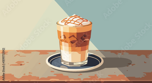 A tall, layered iced coffee with whipped cream and caramel drizzle